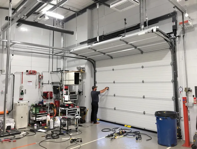 La Puente Garage Door Repair certified technician performing commercial door repair at a La Puente business facility