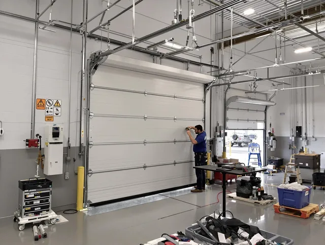 Commercial garage door repair being performed by La Puente Garage Door Repair expert in La Puente