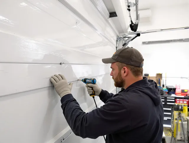 La Puente Garage Door Repair technician demonstrating precision dent removal techniques on a La Puente garage door