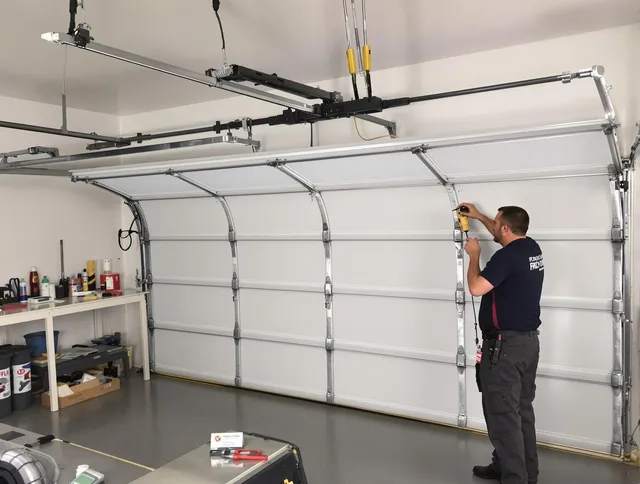 La Puente Garage Door Repair certified technician performing overhead door system repair in La Puente