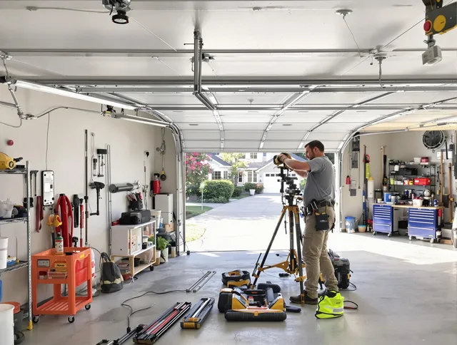La Puente Garage Door Repair specialist performing laser-guided track alignment in La Puente